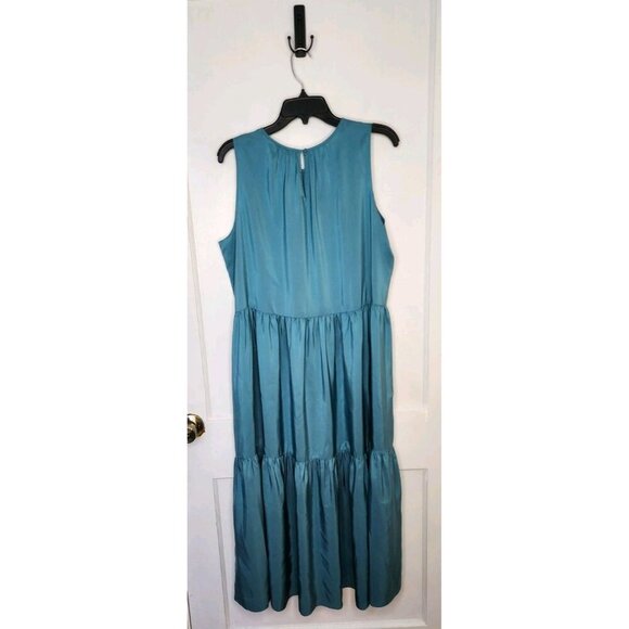 EILEEN FISHER ROUND NECK TIERED DRESS 100% SILK SATIN RIVER BLUE NWT Size Large - Picture 2 of 6